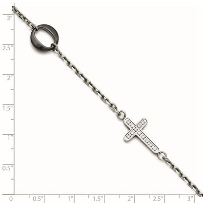 7.25 Inch Stainless Steel And Ceramic Polished Sideways Cross Cz Bracelet