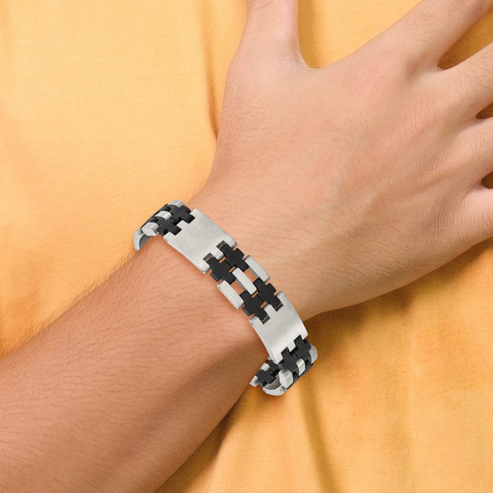 Stainless Steel Chisel Brushed And Polished With Black Rubber 8.75 Inch Link Bracelet