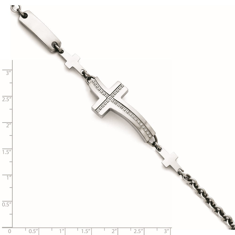 7.5 Inch Stainless Steel Polished Wavy Cz Sideways Cross Bracelet