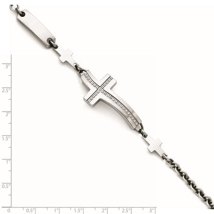 7.5 Inch Stainless Steel Polished Wavy Cz Sideways Cross Bracelet