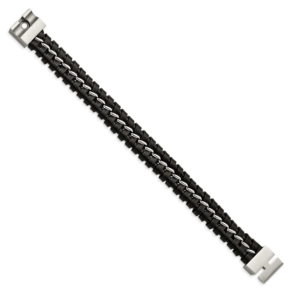 Stainless Steel Chisel Brushed And Polished Black Leather 9 Inch Bracelet