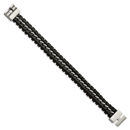 Stainless Steel Chisel Brushed And Polished Black Leather 9 Inch Bracelet