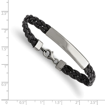Stainless Steel Chisel Polished Braided Black Leather 8 Inch Id Bracelet