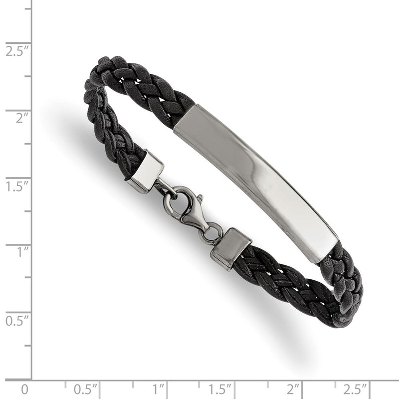 Stainless Steel Chisel Polished Braided Black Leather 8 Inch Id Bracelet