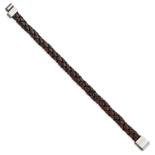 Stainless Steel Chisel Polished Brown Woven Leather 8.75 Inch Bracelet