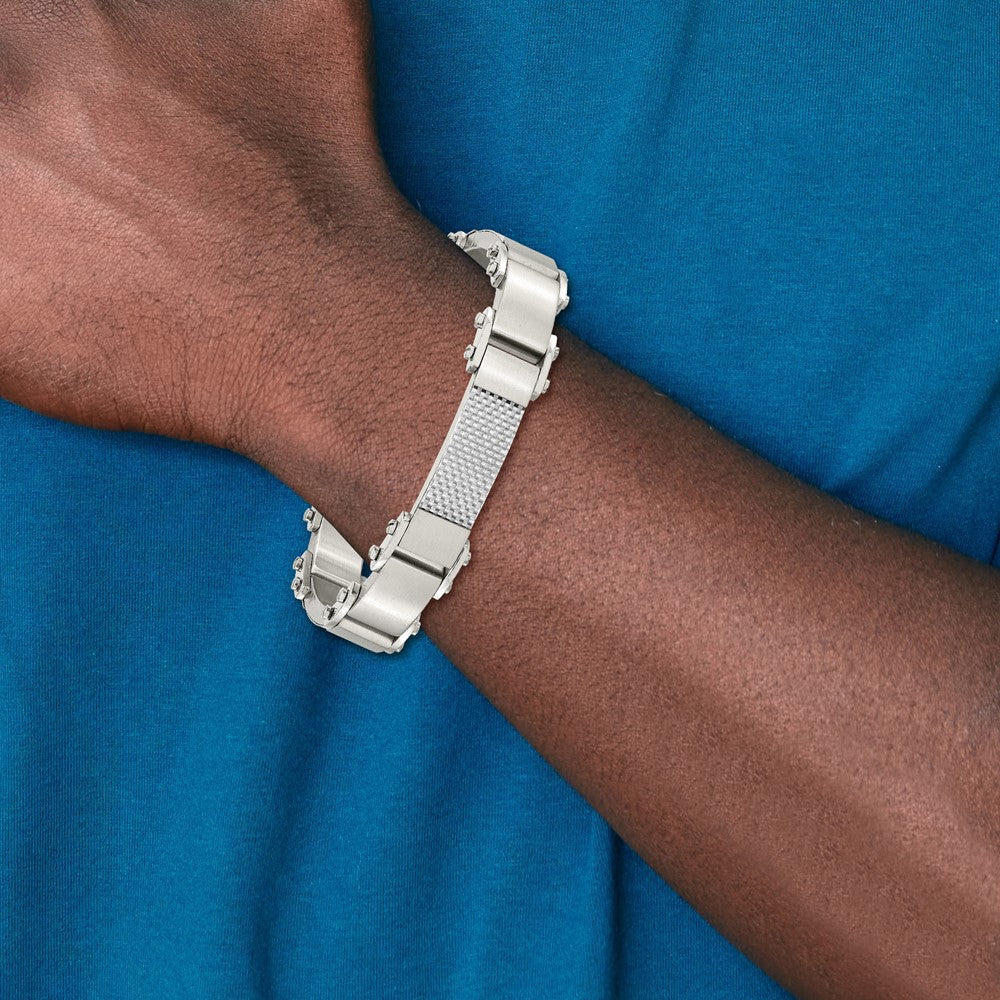 Stainless Steel Chisel Polished With Solid Grey Carbon Fiber 9 Inch Link Bracelet
