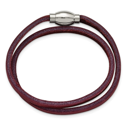 15.5 Inch Stainless Steel Polished Purple Leather Wrap Bracelet