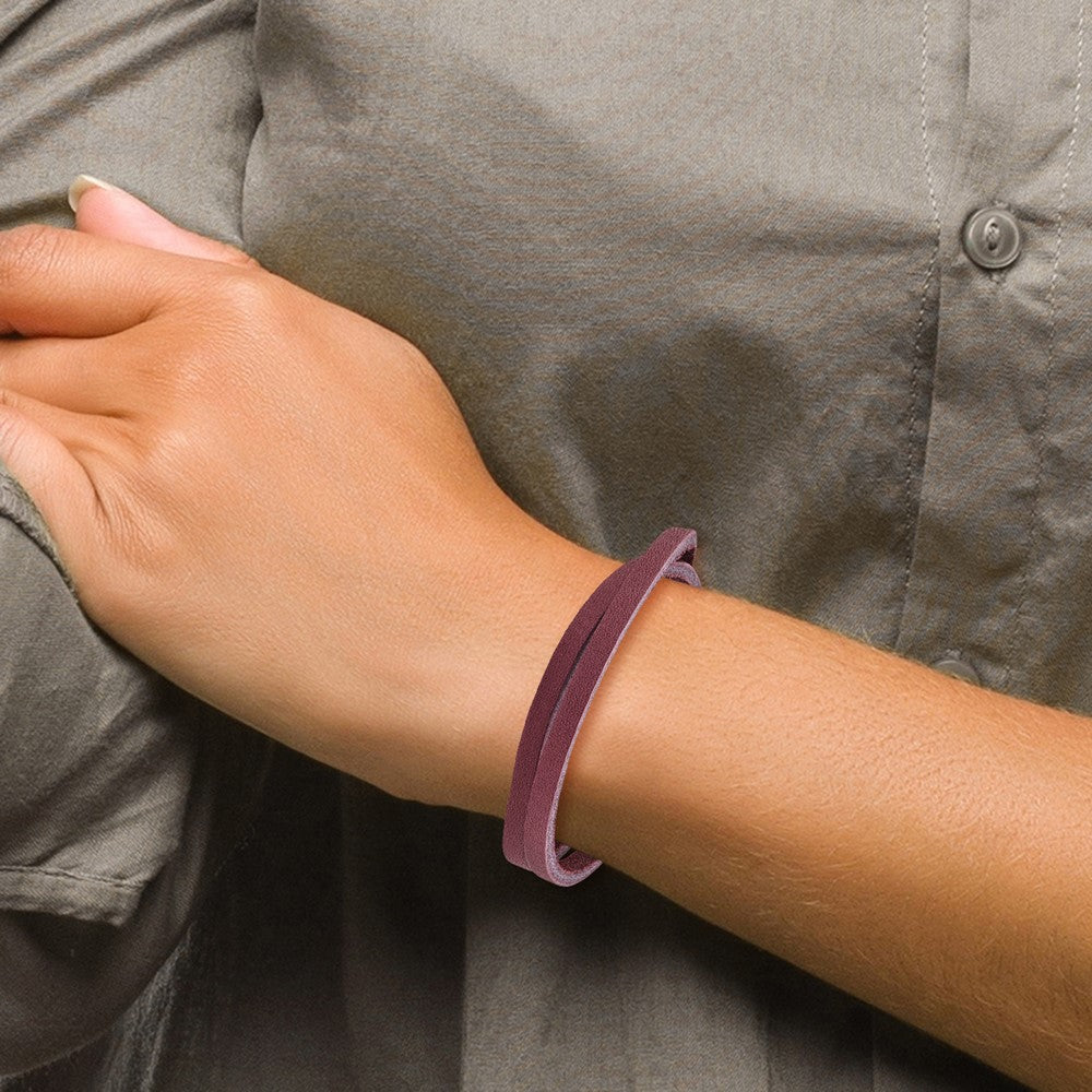 15.5 Inch Stainless Steel Polished Purple Leather Wrap Bracelet