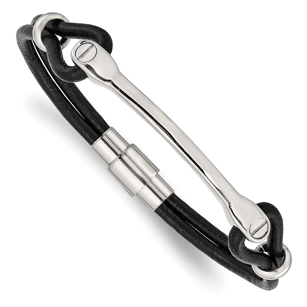 Stainless Steel Chisel Polished Black Leather 7.5 Inch Id Bracelet