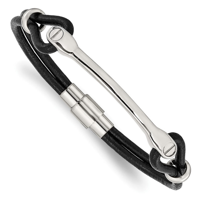 Stainless Steel Chisel Polished Black Leather 7.5 Inch Id Bracelet