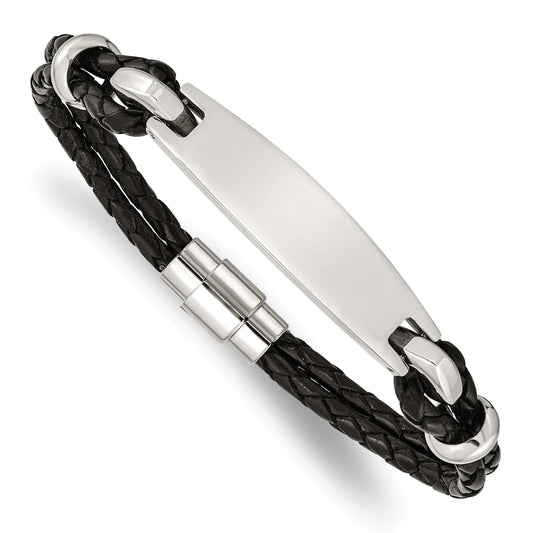 Stainless Steel Chisel Polished Black Woven Leather 8.5 Inch Id Bracelet