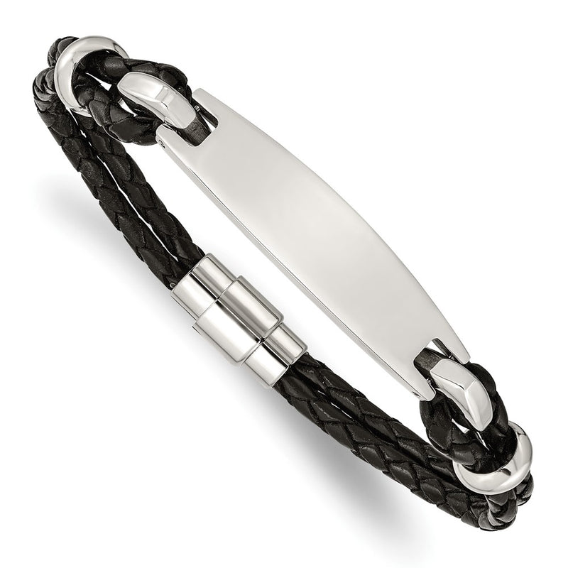 Stainless Steel Chisel Polished Black Woven Leather 8.5 Inch Id Bracelet