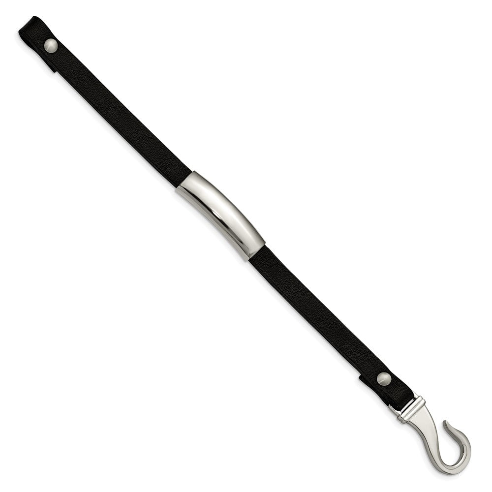 Stainless Steel Chisel Polished Black Leather 8.5 Inch Id Bracelet