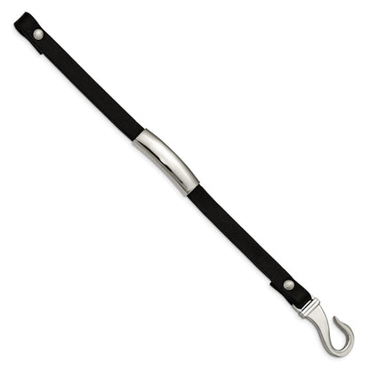 Stainless Steel Chisel Polished Black Leather 8.5 Inch Id Bracelet