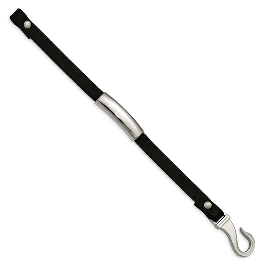 Stainless Steel Chisel Polished Black Leather 8.5 Inch Id Bracelet