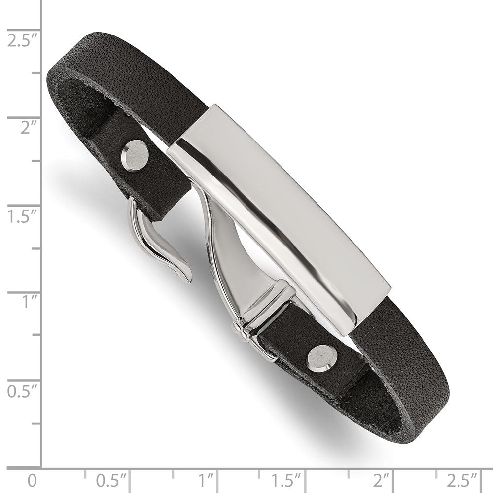 Stainless Steel Chisel Polished Black Leather 8.5 Inch Id Bracelet
