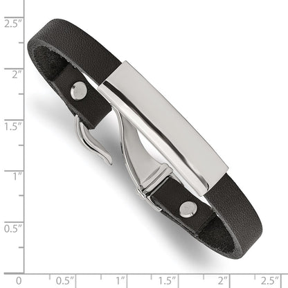 Stainless Steel Chisel Polished Black Leather 8.5 Inch Id Bracelet