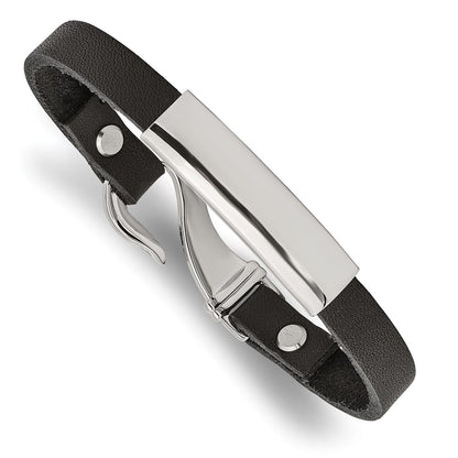 Stainless Steel Chisel Polished Black Leather 8.5 Inch Id Bracelet