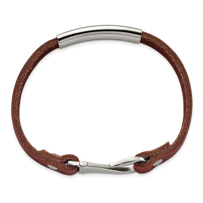 Stainless Steel Chisel Polished Brown Leather 8.5 Inch Id Bracelet