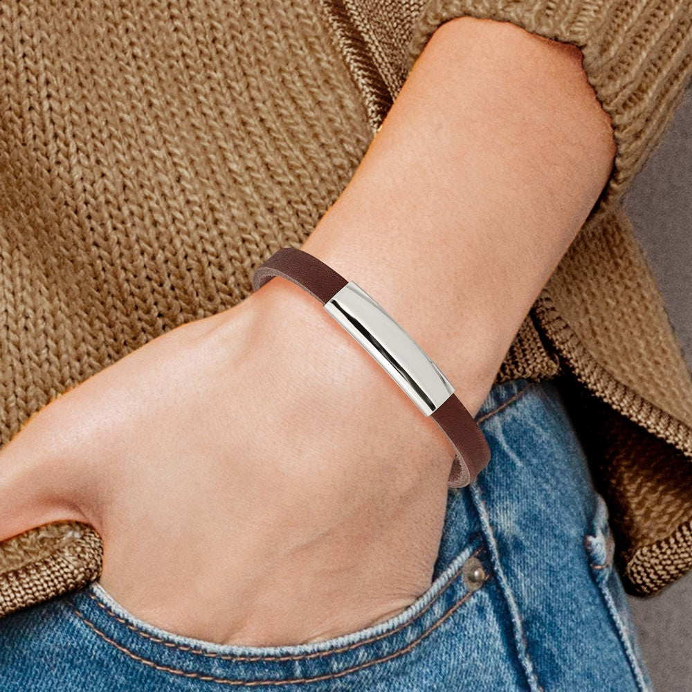 Stainless Steel Chisel Polished Brown Leather 8.5 Inch Id Bracelet