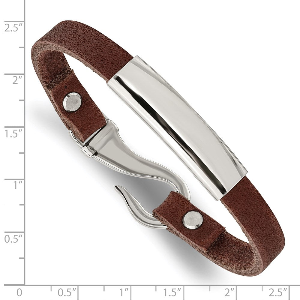 Stainless Steel Chisel Polished Brown Leather 8.5 Inch Id Bracelet