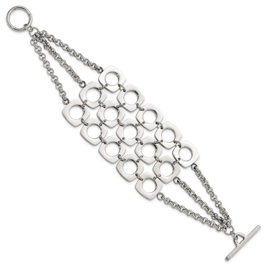 7.5 Inch Stainless Steel Polished Fancy Three Strand Square Toggle Bracelet