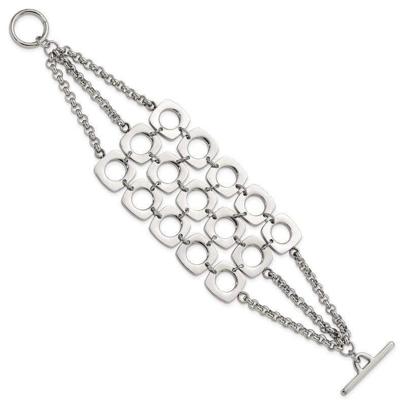 7.5 Inch Stainless Steel Polished Fancy Three Strand Square Toggle Bracelet