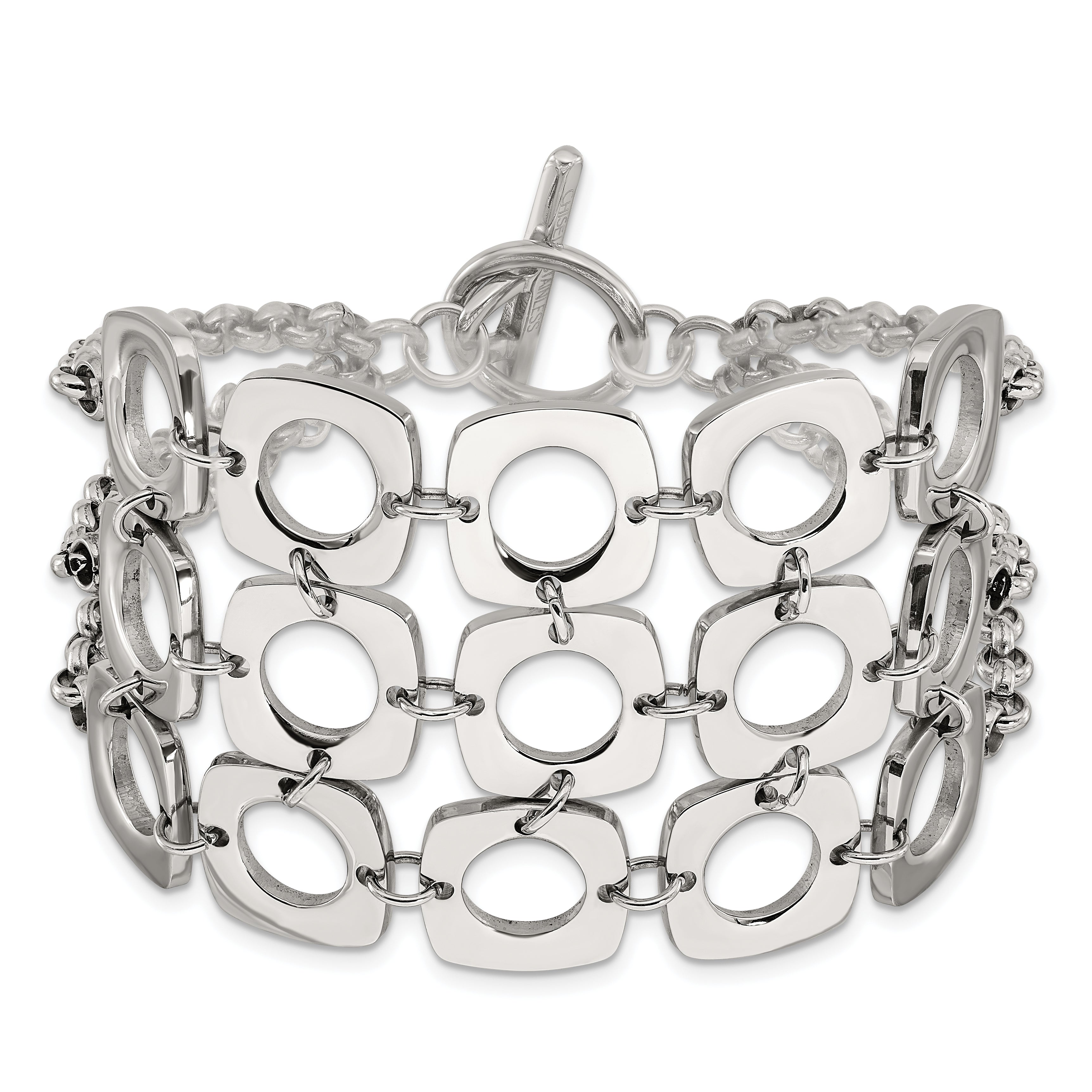 7.5 Inch Stainless Steel Polished Fancy Three Strand Square Toggle Bracelet