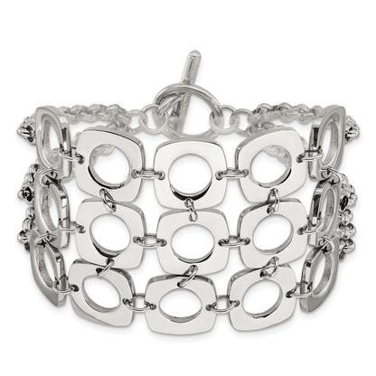 7.5 Inch Stainless Steel Polished Fancy Three Strand Square Toggle Bracelet