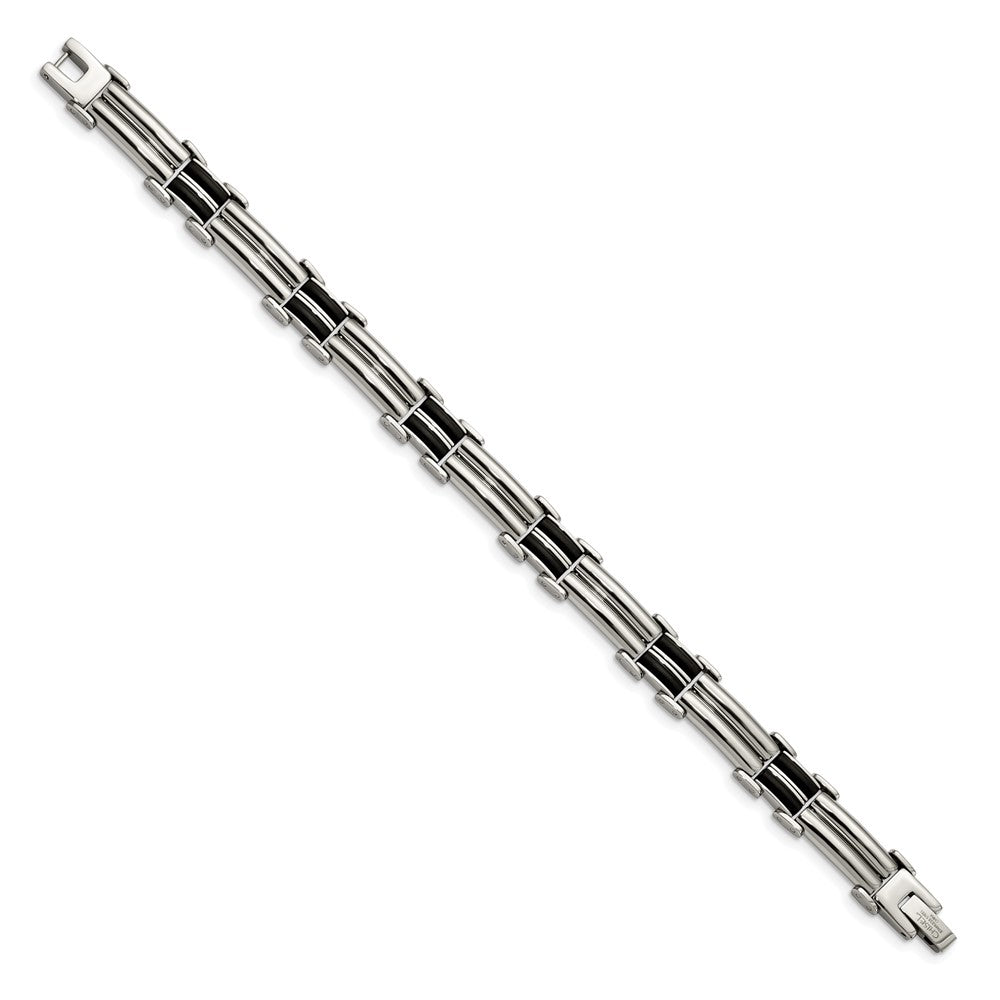 Stainless Steel Chisel Polished With Black Rubber Inlay 8 Inch Bracelet