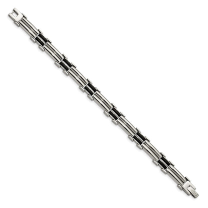 Stainless Steel Chisel Polished With Black Rubber Inlay 8 Inch Bracelet