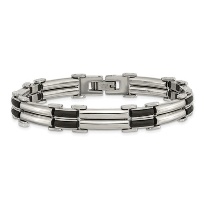 Stainless Steel Chisel Polished With Black Rubber Inlay 8 Inch Bracelet