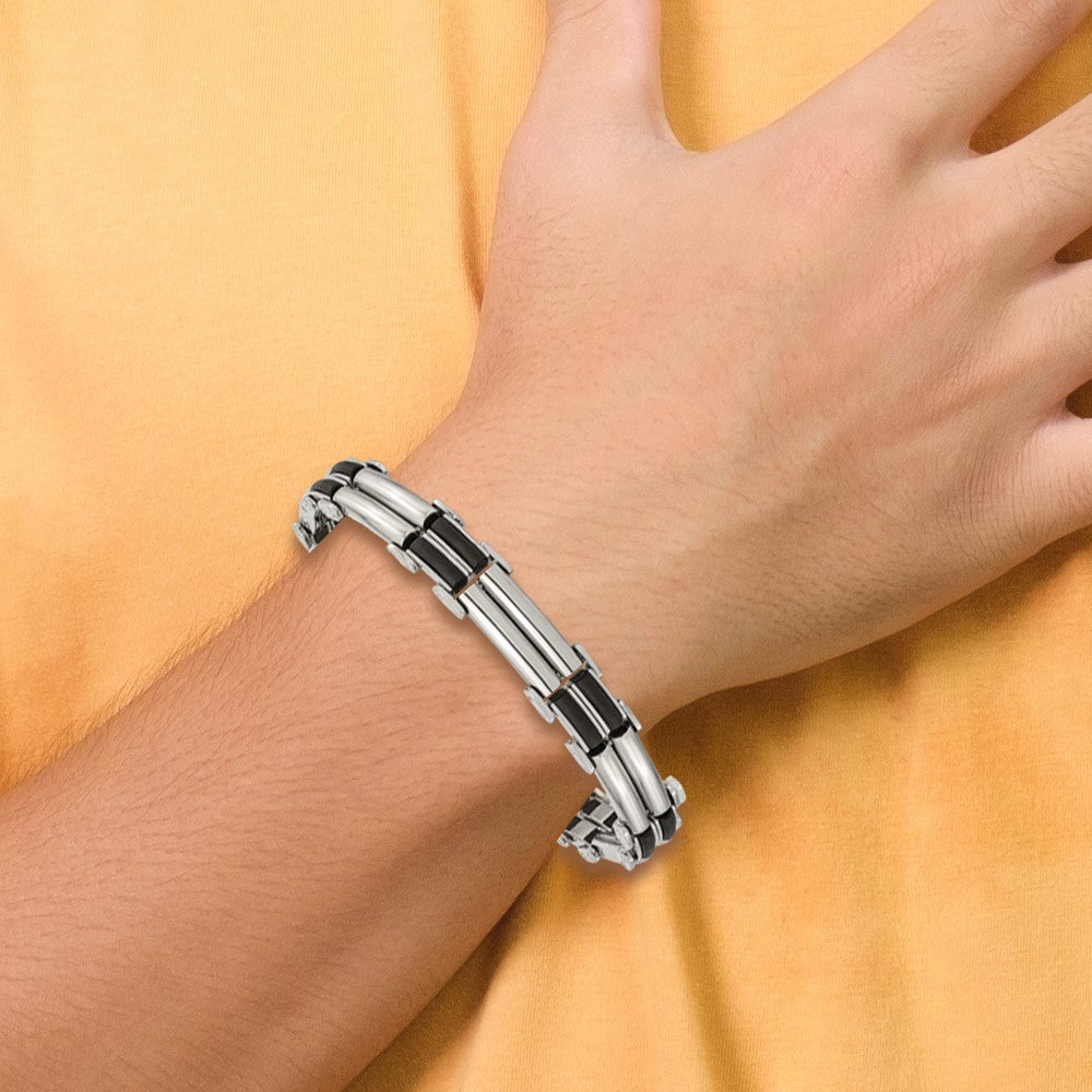 Stainless Steel Chisel Polished With Black Rubber Inlay 8 Inch Bracelet