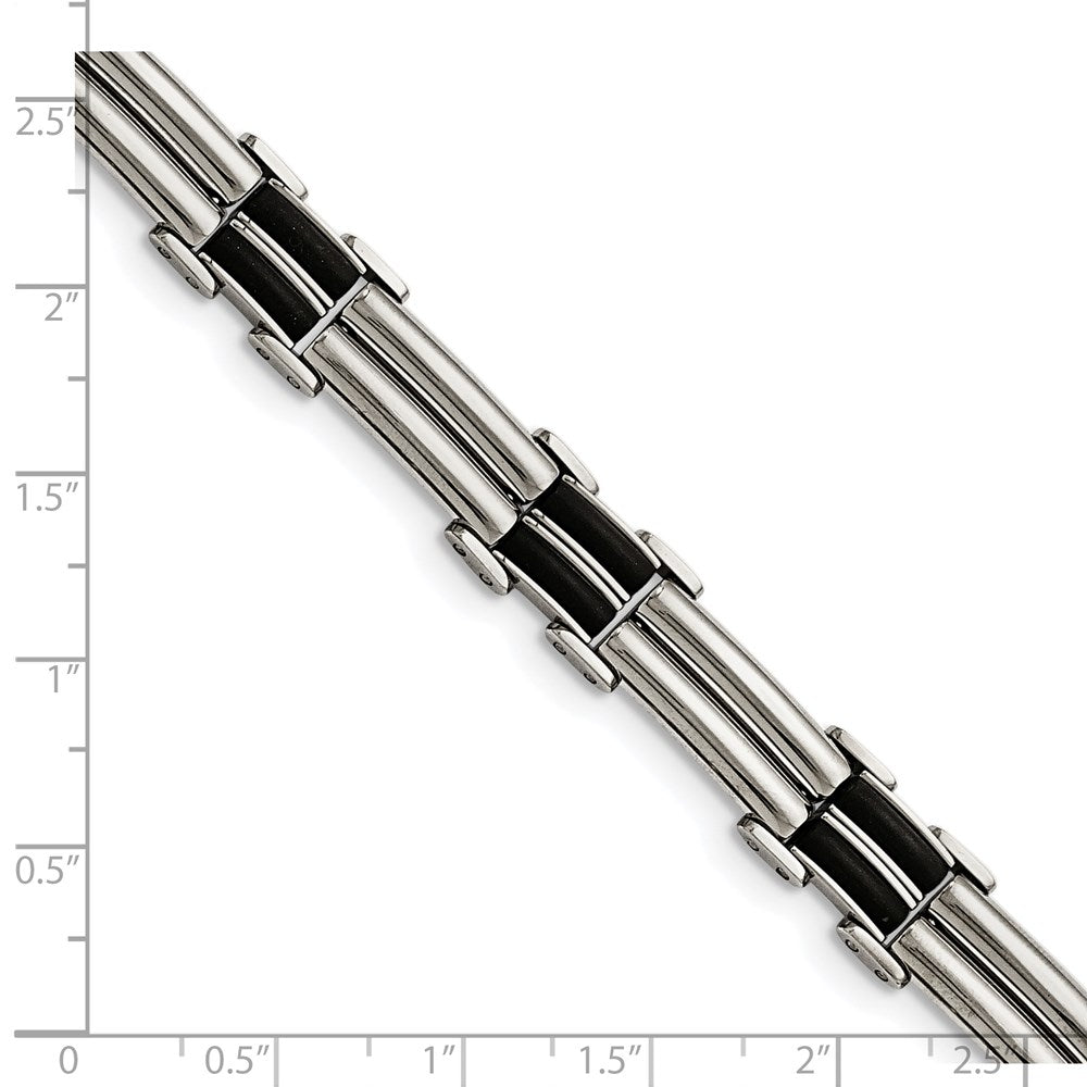 Stainless Steel Chisel Polished With Black Rubber Inlay 8 Inch Bracelet