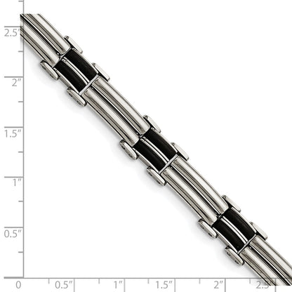 Stainless Steel Chisel Polished With Black Rubber Inlay 8 Inch Bracelet