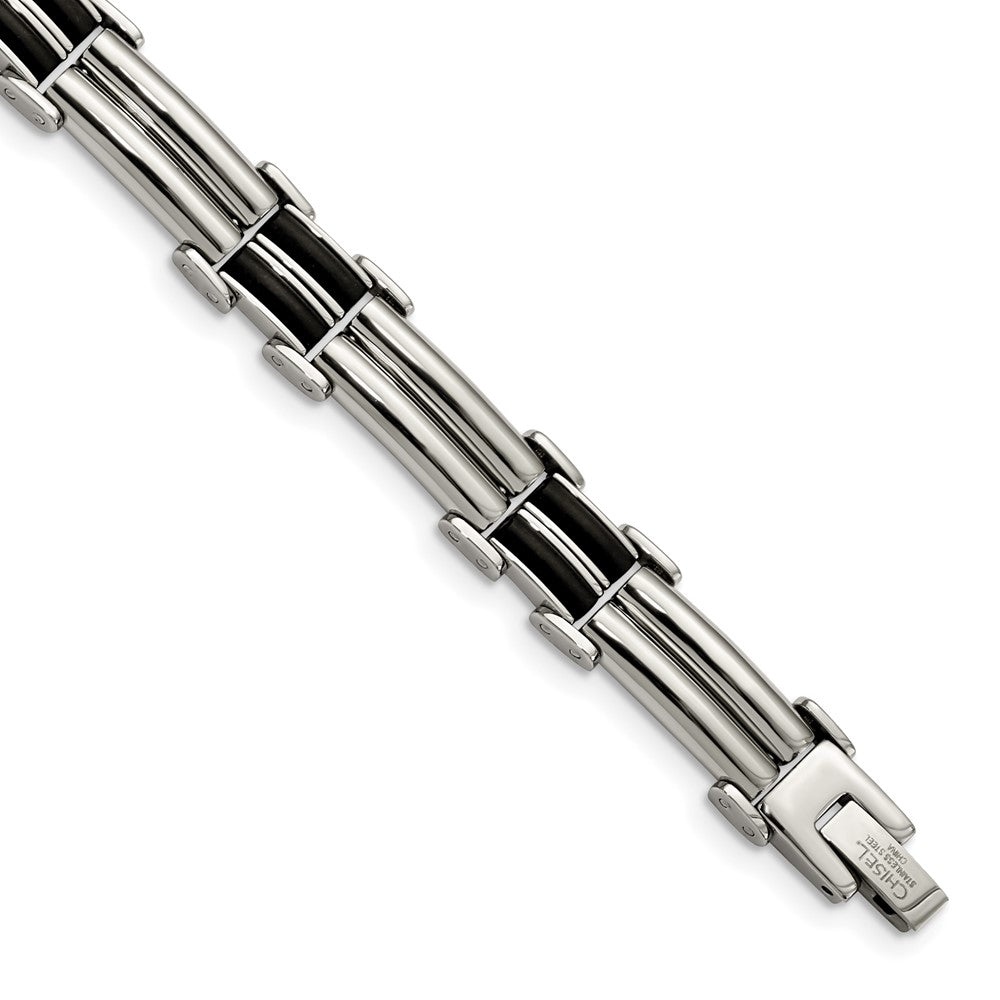 Stainless Steel Chisel Polished With Black Rubber Inlay 8 Inch Bracelet