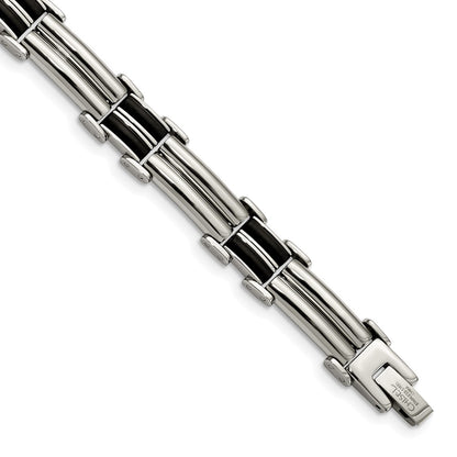 Stainless Steel Chisel Polished With Black Rubber Inlay 8 Inch Bracelet