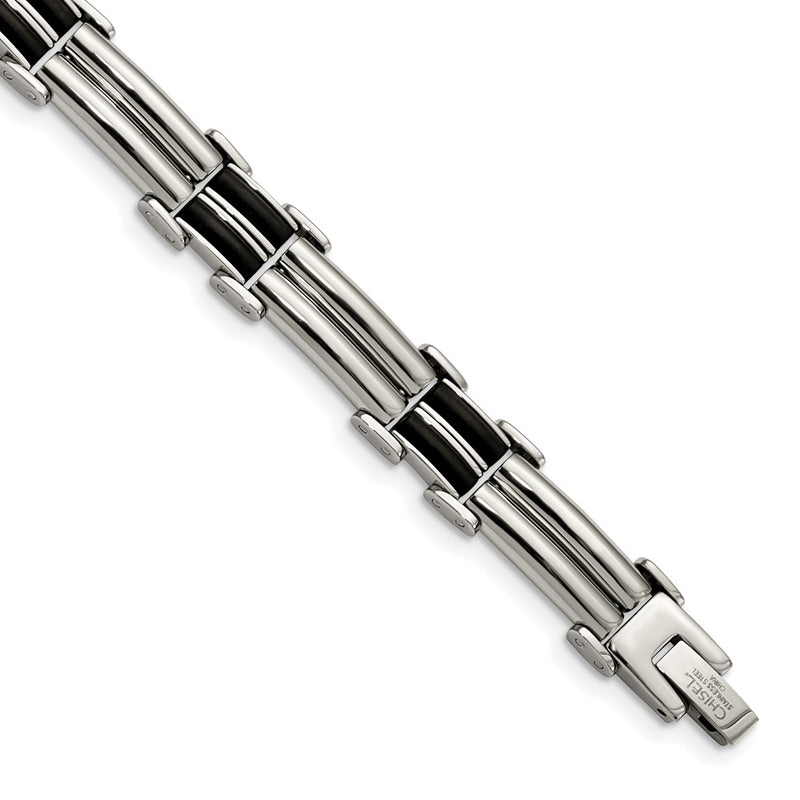 Stainless Steel Chisel Polished With Black Rubber Inlay 8 Inch Bracelet
