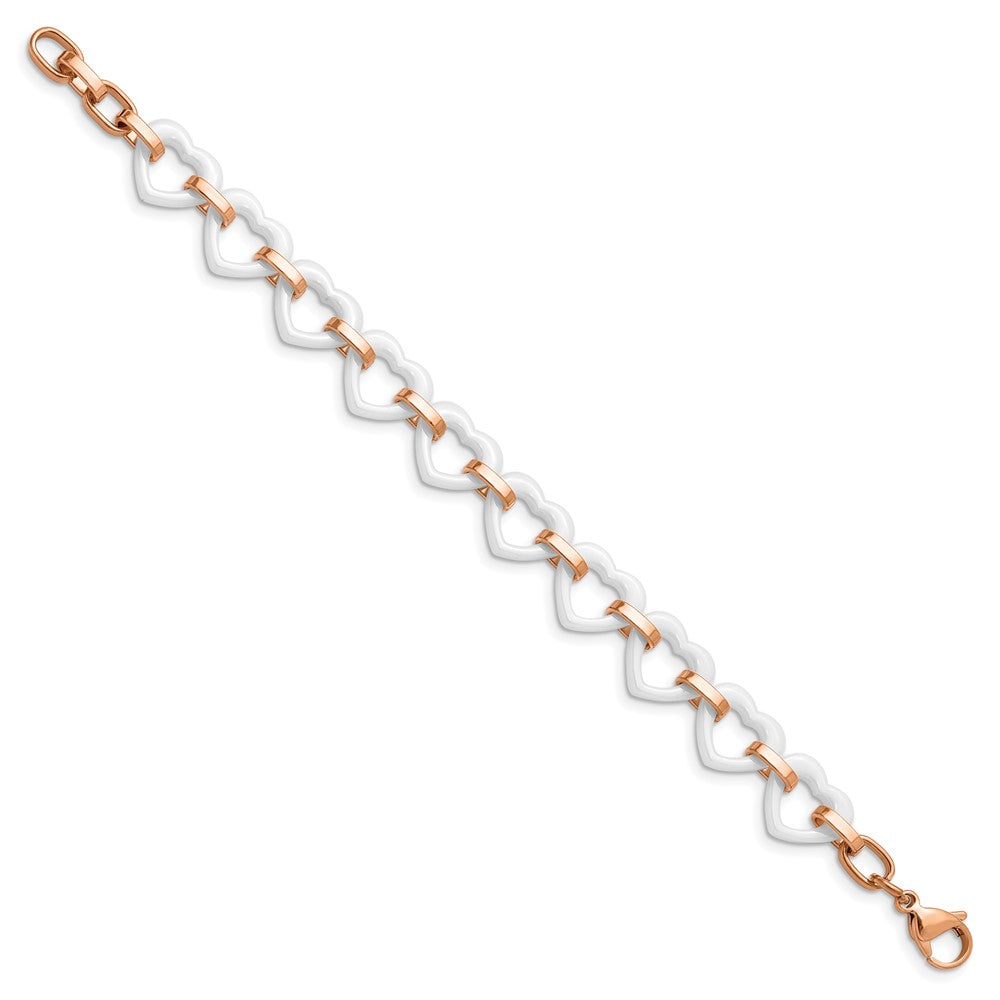 Stainless Steel Chisel Polished Rose Ip-Plated With White Ceramic Heart Links 7.25 Inch Bracelet .75 Extension