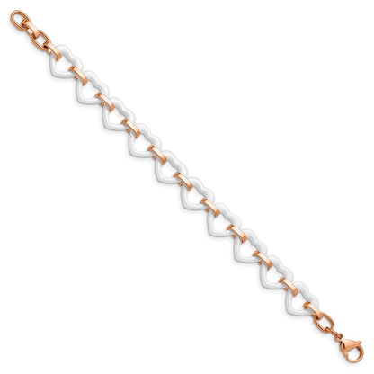 Stainless Steel Chisel Polished Rose Ip-Plated With White Ceramic Heart Links 7.25 Inch Bracelet .75 Extension