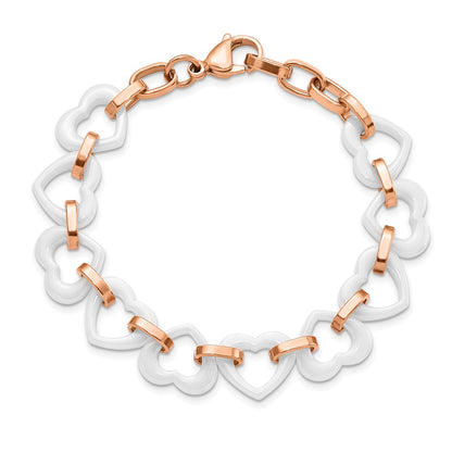 Stainless Steel Chisel Polished Rose Ip-Plated With White Ceramic Heart Links 7.25 Inch Bracelet .75 Extension