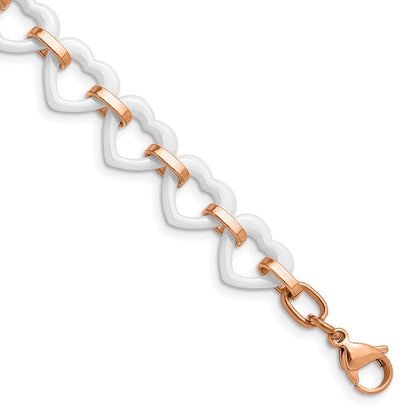 Stainless Steel Chisel Polished Rose Ip-Plated With White Ceramic Heart Links 7.25 Inch Bracelet .75 Extension