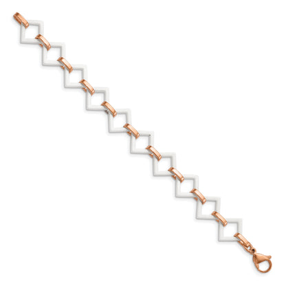 Stainless Steel Chisel Polished Rose Ip-Plated With White Ceramic 7 Inch Open Link Bracelet