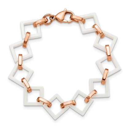 Stainless Steel Chisel Polished Rose Ip-Plated With White Ceramic 7 Inch Open Link Bracelet