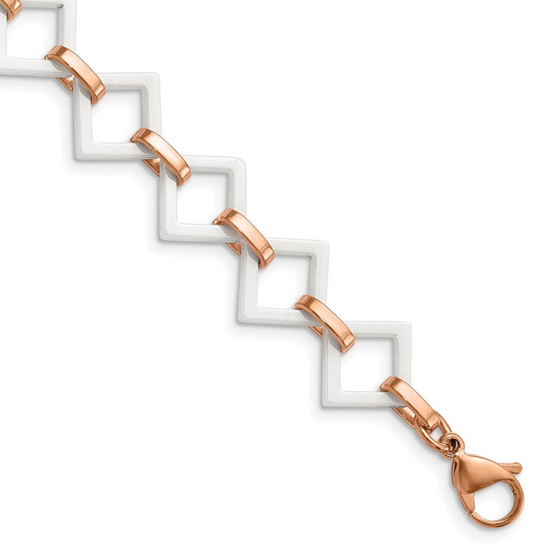 Stainless Steel Chisel Polished Rose Ip-Plated With White Ceramic Open Link Chain Bracelet