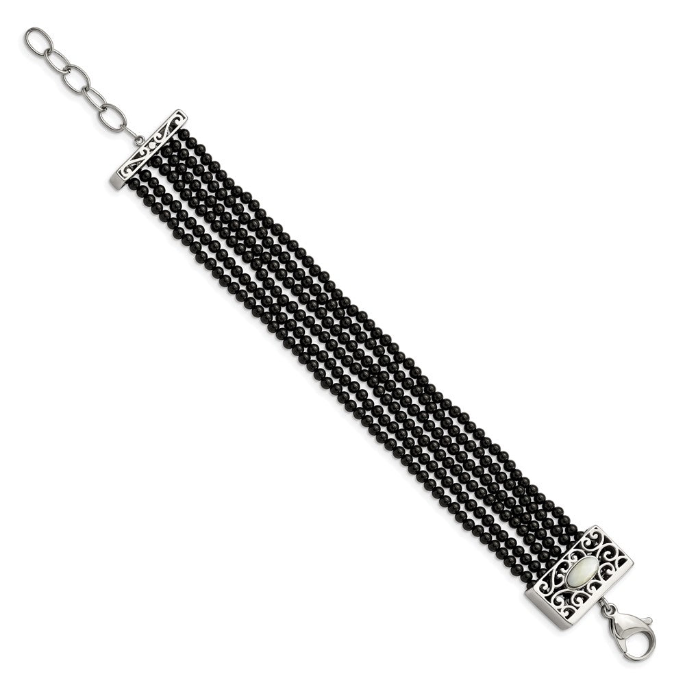 7.5 Inch Stainless Steel Polished Mop/Black Onyx W/1.5In Ext. Bracelet