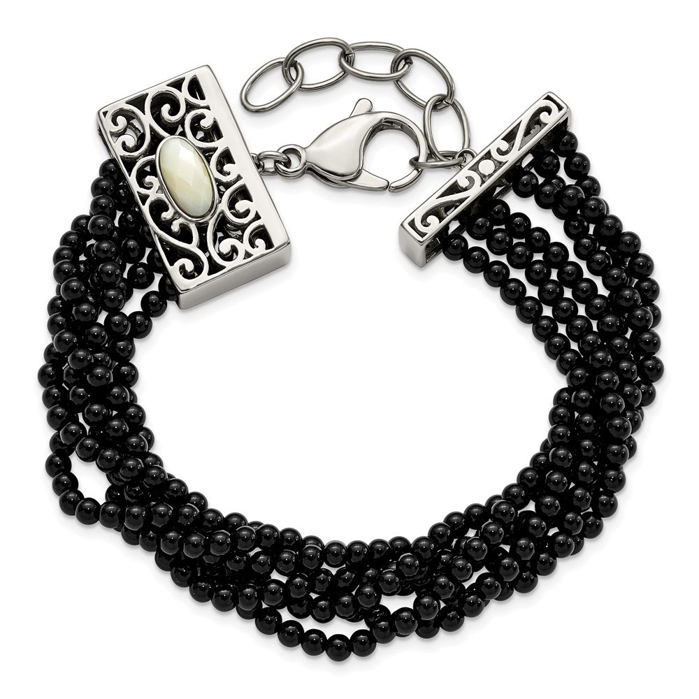 7.5 Inch Stainless Steel Polished Mop/Black Onyx W/1.5In Ext. Bracelet