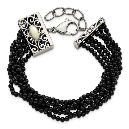 7.5 Inch Stainless Steel Polished Mop/Black Onyx W/1.5In Ext. Bracelet