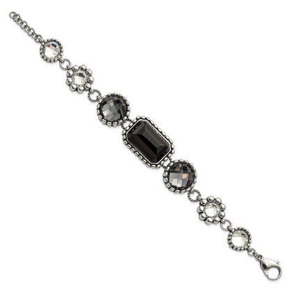 9 Inch Stainless Steel Polished/Antiqued Glass Beaded W/1In Ext. Bracelet