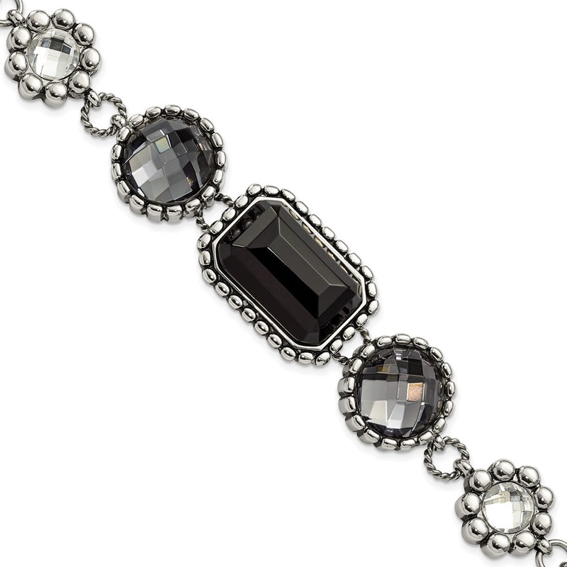9 Inch Stainless Steel Polished/Antiqued Glass Beaded W/1In Ext. Bracelet
